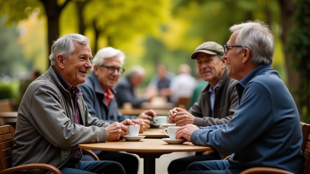 Grupo de ciclistas jubilados tomando café y compartiendo conversación en una pequeña cafetería al aire libre, rodeados de bicicletas
