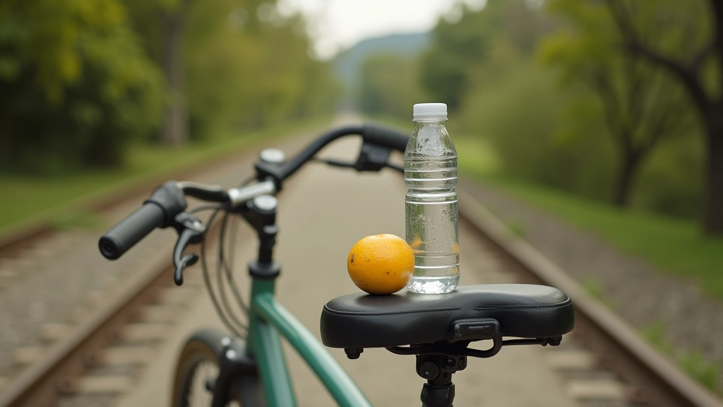 Botella de agua y fruta en una mochila de ciclista sobre una bicicleta vintage