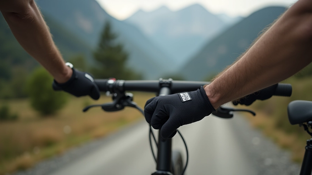 Detalle de dos manos en manillar de bicicleta con guantes de ciclismo sobre fondo de camino de montaña